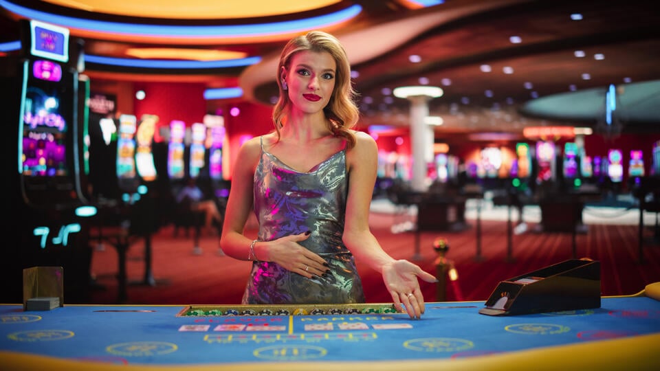 Caucasian Woman Working As A Dealer At Classy Casino. Professional Female Baccarat Croupier In a Fancy Silver Dress, Presenting Playing Cards, Looking At Camera And Smiling stock photo