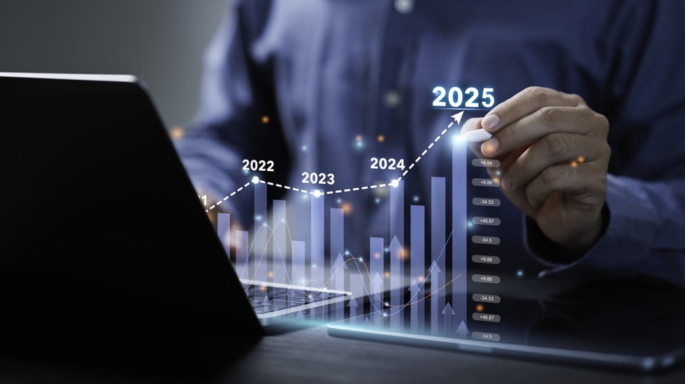 Businessman analyses the graph of trend market growth in 2025 increase in the year 2025. 