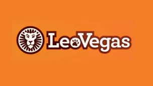 LeoVegas logo featuring a stylized lion head emblem and bold white text on an orange background