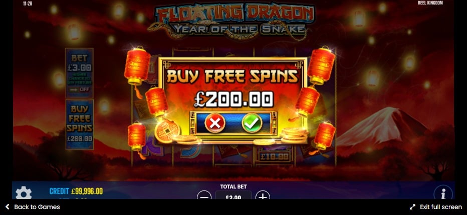 screenshot of floating dragon year of the snake buy free spins