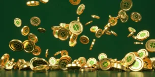 Golden coins with clover falling, symbol of luck and win