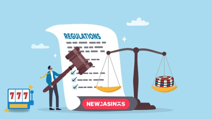 UKGC Cracks Down as Lottomart Penalised For Compliance Failures Graphic showing regulations and giant scales with poker chips in one side. A man with a slot machine stand beside.