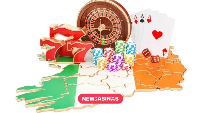 Ireland Moves Toward Responsible Gambling Reform Ireland graphic showing the flag colours over the landmass. Gambling items are in frame with chips, dice and a roulette wheel.