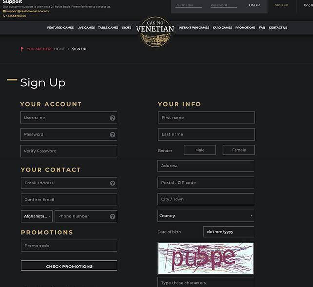 Sign up process at Casino Venetian