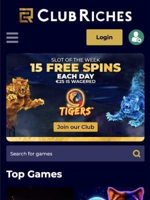 Club Riches Casino homepage on mobile